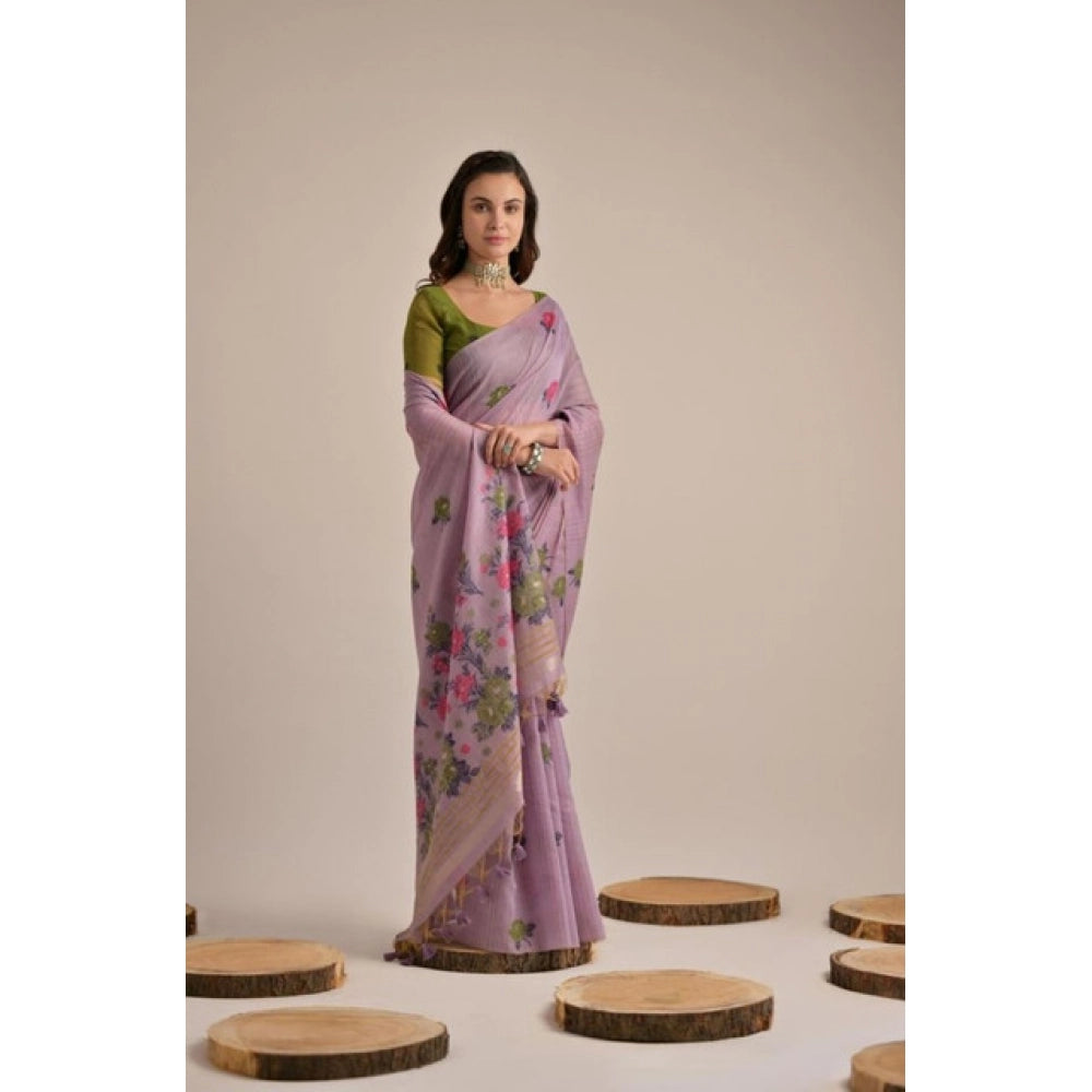 Women's Blended_Cotton Floral Motifs And Woven Buttas Saree With Unstitched Blouse 5.5Mtr (Lavender) - VANSHELLE
