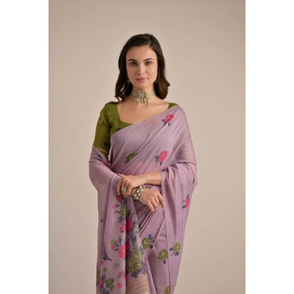 Women's Blended_Cotton Floral Motifs And Woven Buttas Saree With Unstitched Blouse 5.5Mtr (Lavender) - VANSHELLE