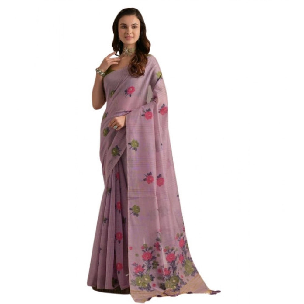 Women's Blended_Cotton Floral Motifs And Woven Buttas Saree With Unstitched Blouse 5.5Mtr (Lavender) - VANSHELLE