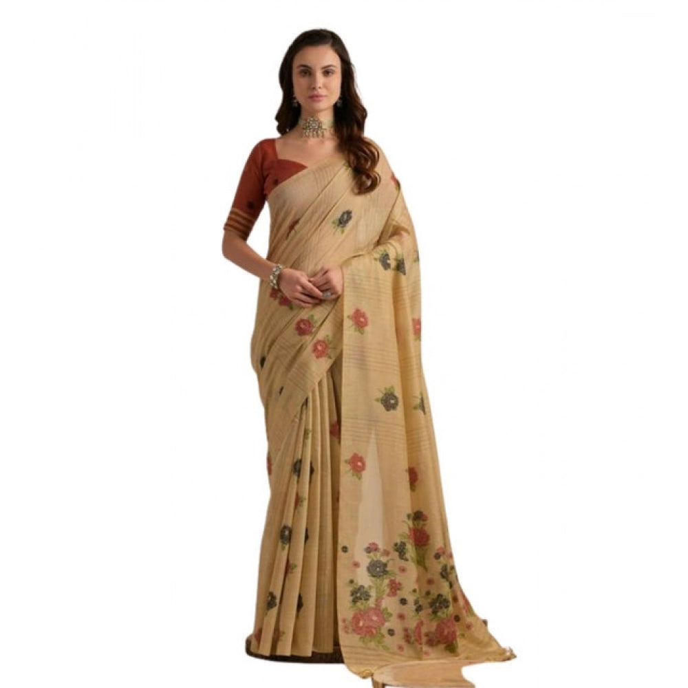 Women's Blended_Cotton Floral Motifs And Woven Buttas Saree With Unstitched Blouse 5.5Mtr (Light_Beige) - VANSHELLE