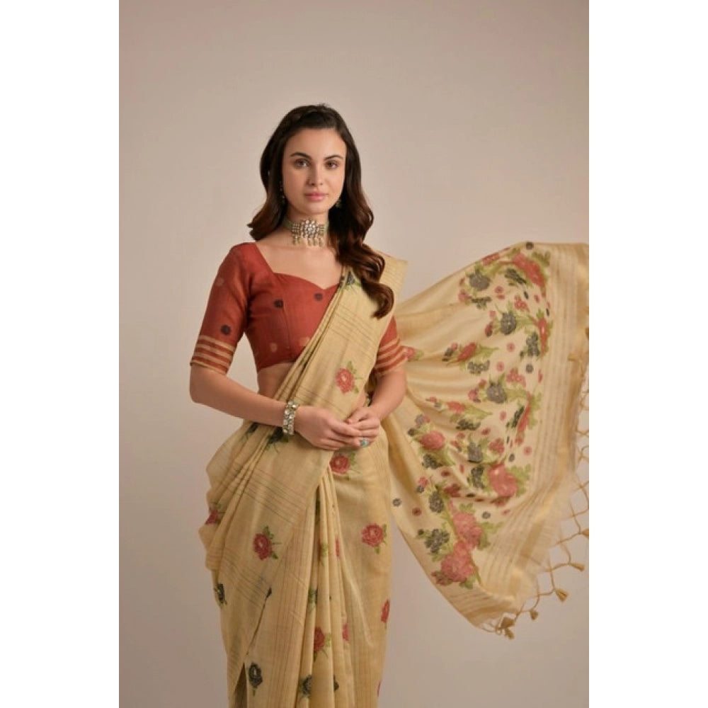 Women's Blended_Cotton Floral Motifs And Woven Buttas Saree With Unstitched Blouse 5.5Mtr (Light_Beige) - VANSHELLE