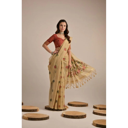 Women's Blended_Cotton Floral Motifs And Woven Buttas Saree With Unstitched Blouse 5.5Mtr (Light_Beige) - VANSHELLE