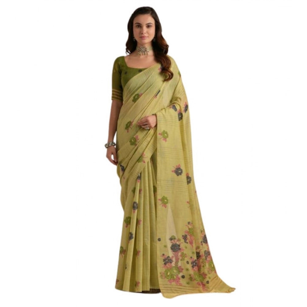 Women's Blended_Cotton Floral Motifs And Woven Buttas Saree With Unstitched Blouse 5.5Mtr (Light_Green) - VANSHELLE