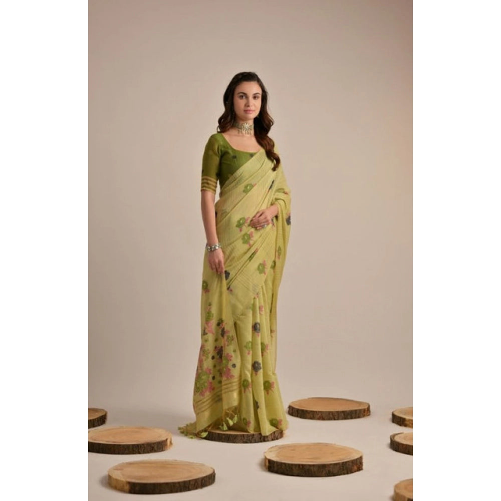Women's Blended_Cotton Floral Motifs And Woven Buttas Saree With Unstitched Blouse 5.5Mtr (Light_Green) - VANSHELLE