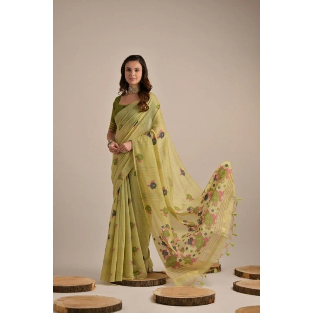 Women's Blended_Cotton Floral Motifs And Woven Buttas Saree With Unstitched Blouse 5.5Mtr (Light_Green) - VANSHELLE