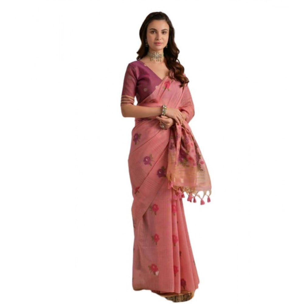 Women's Blended_Cotton Floral Motifs And Woven Buttas Saree With Unstitched Blouse 5.5Mtr (Pink) - VANSHELLE