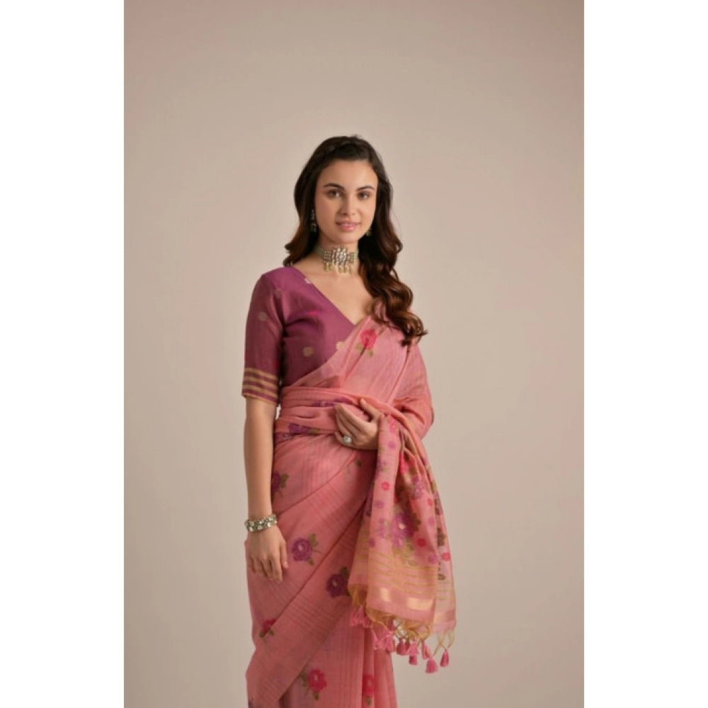 Women's Blended_Cotton Floral Motifs And Woven Buttas Saree With Unstitched Blouse 5.5Mtr (Pink) - VANSHELLE