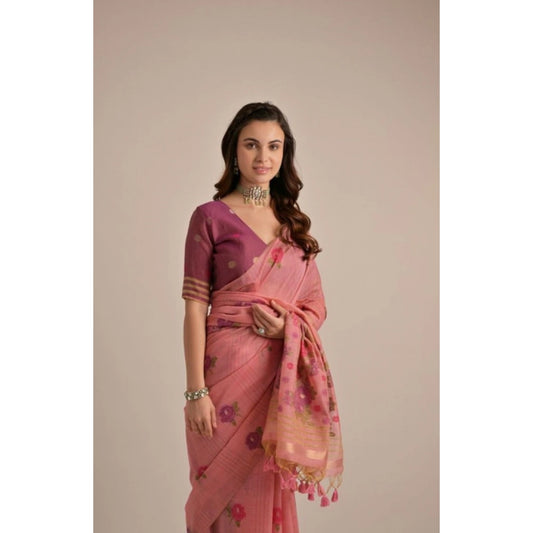 Women's Blended_Cotton Floral Motifs And Woven Buttas Saree With Unstitched Blouse 5.5Mtr (Pink) - VANSHELLE