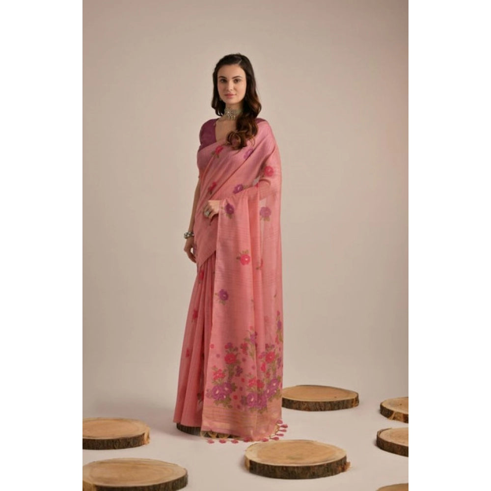 Women's Blended_Cotton Floral Motifs And Woven Buttas Saree With Unstitched Blouse 5.5Mtr (Pink) - VANSHELLE