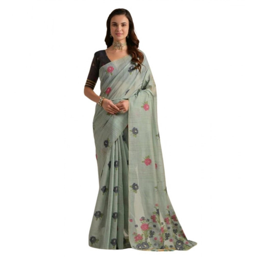 Women's Blended_Cotton Floral Motifs And Woven Buttas Saree With Unstitched Blouse 5.5Mtr (Teal) - VANSHELLE