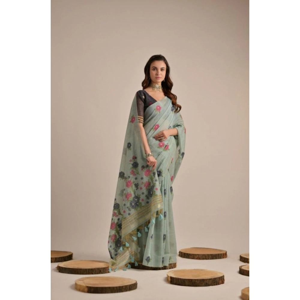 Women's Blended_Cotton Floral Motifs And Woven Buttas Saree With Unstitched Blouse 5.5Mtr (Teal) - VANSHELLE
