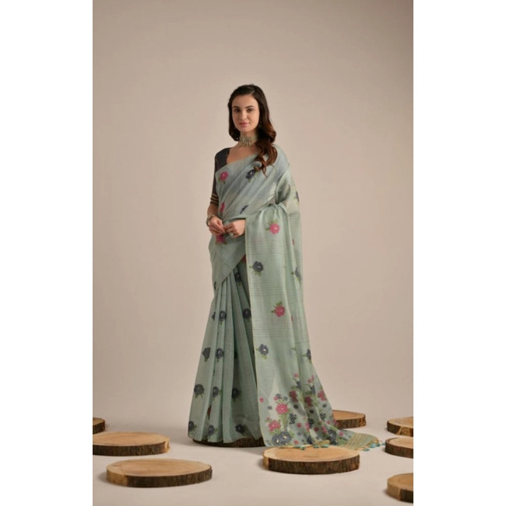 Women's Blended_Cotton Floral Motifs And Woven Buttas Saree With Unstitched Blouse 5.5Mtr (Teal) - VANSHELLE