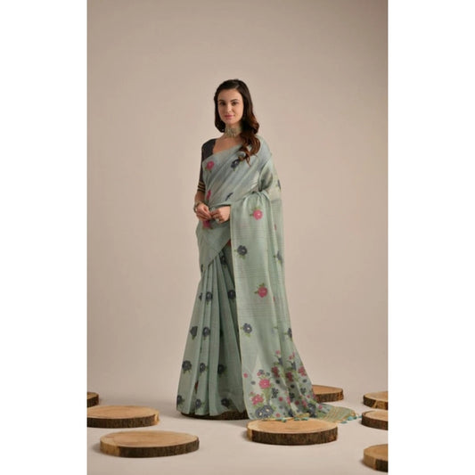 Women's Blended_Cotton Floral Motifs And Woven Buttas Saree With Unstitched Blouse 5.5Mtr (Teal) - VANSHELLE