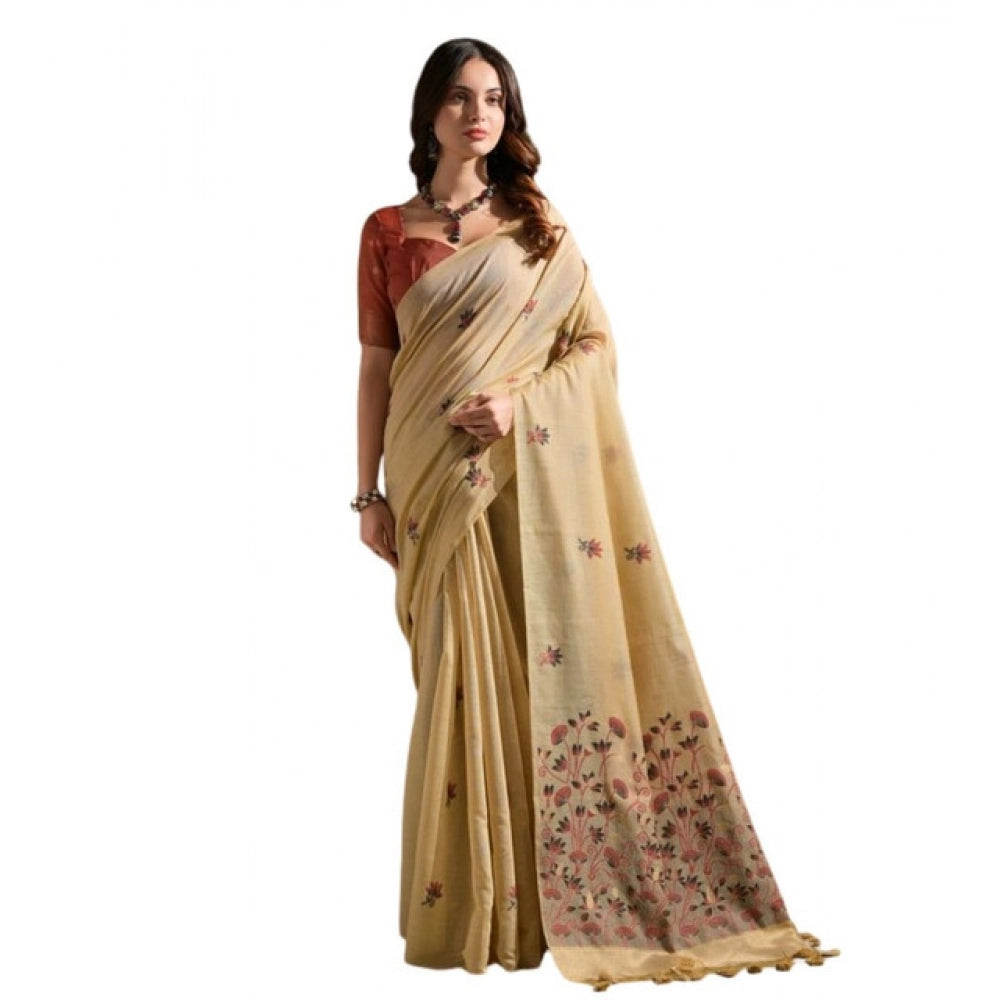 Women's Blended_Cotton Floral Saree With Unstitched Blouse 5.5Mtr (Beige) - VANSHELLE