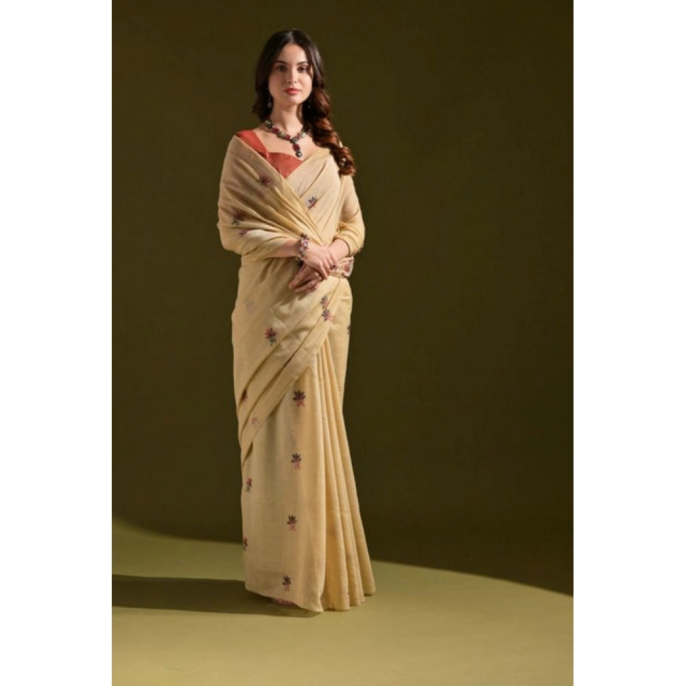 Women's Blended_Cotton Floral Saree With Unstitched Blouse 5.5Mtr (Beige) - VANSHELLE