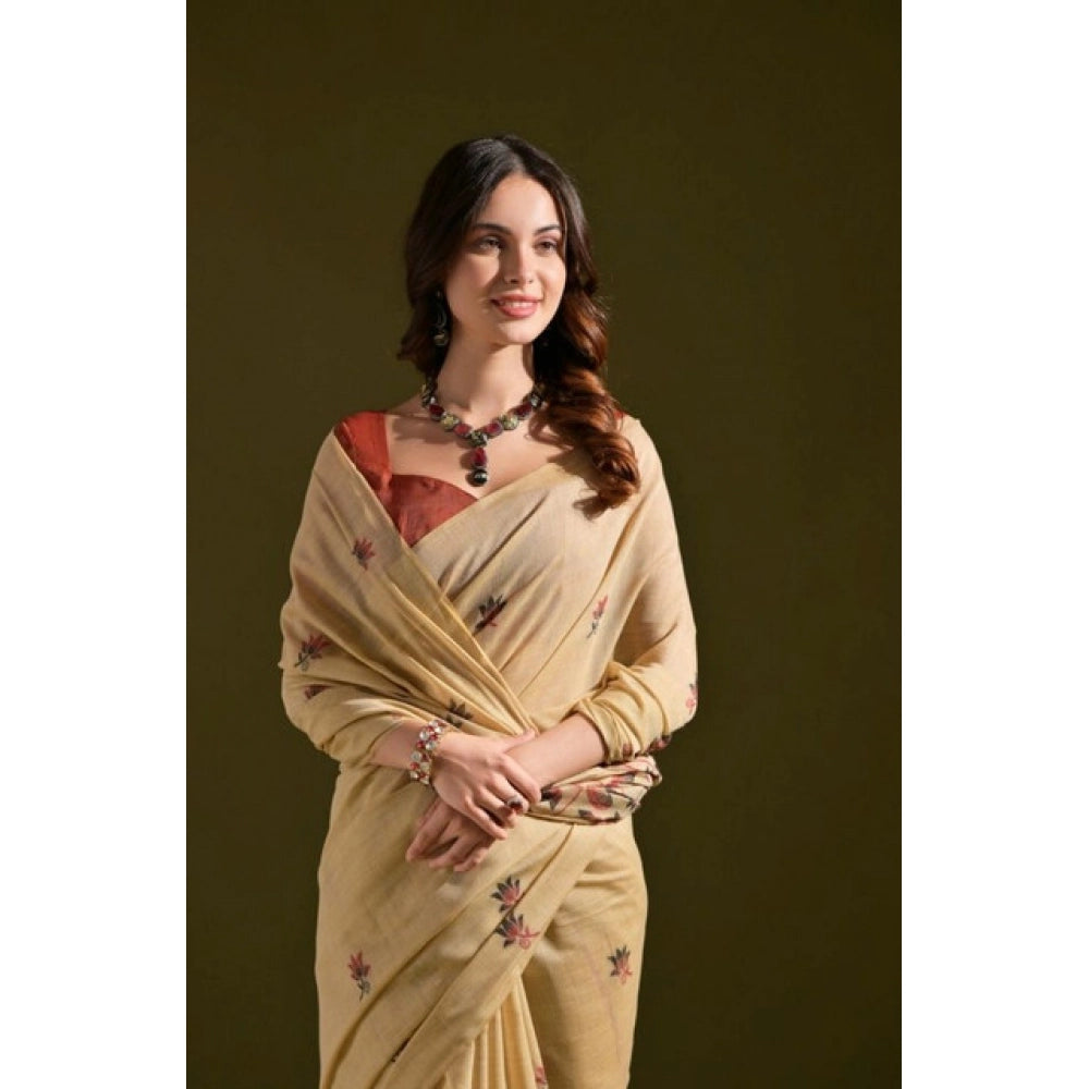 Women's Blended_Cotton Floral Saree With Unstitched Blouse 5.5Mtr (Beige) - VANSHELLE