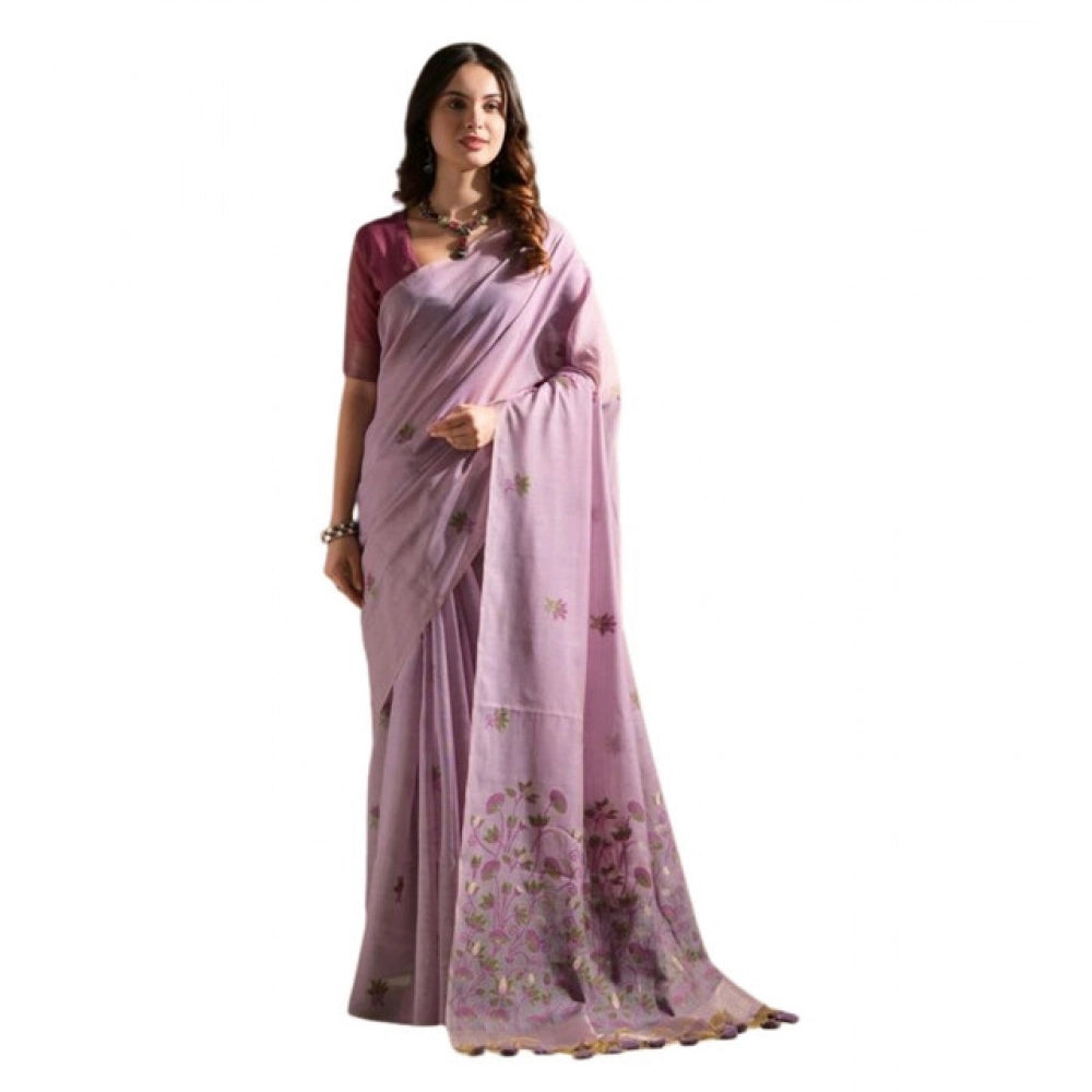 Women's Blended_Cotton Floral Saree With Unstitched Blouse 5.5Mtr (Lavender) - VANSHELLE