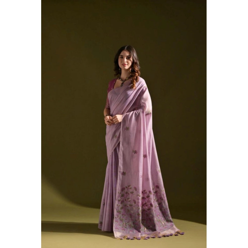 Women's Blended_Cotton Floral Saree With Unstitched Blouse 5.5Mtr (Lavender) - VANSHELLE