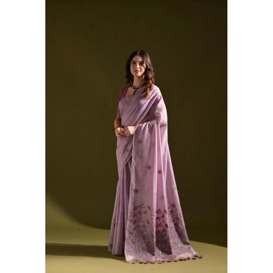 Women's Blended_Cotton Floral Saree With Unstitched Blouse 5.5Mtr (Lavender) - VANSHELLE