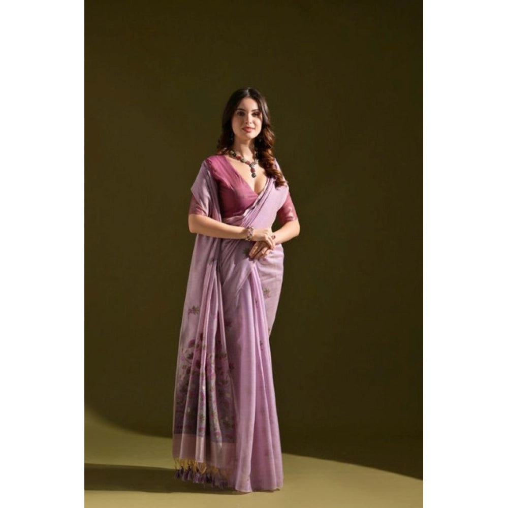 Women's Blended_Cotton Floral Saree With Unstitched Blouse 5.5Mtr (Lavender) - VANSHELLE