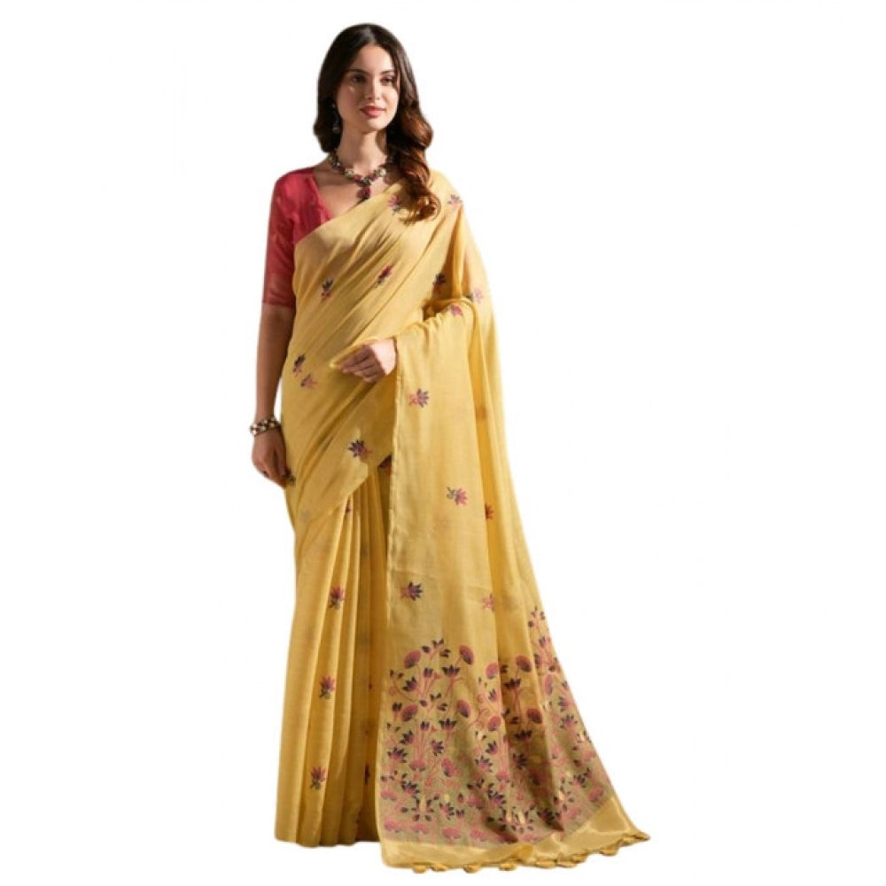 Women's Blended_Cotton Floral Saree With Unstitched Blouse 5.5Mtr (Mustard) - VANSHELLE