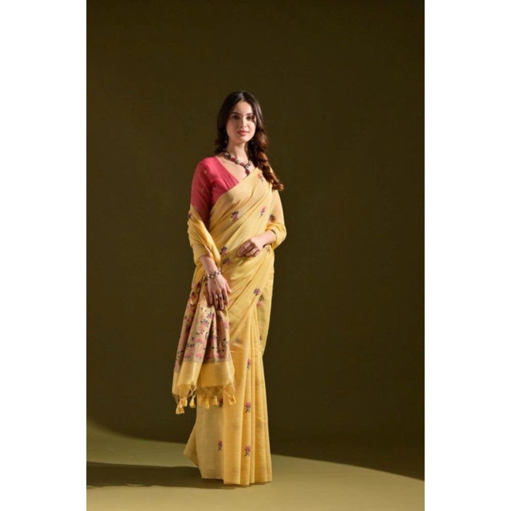 Women's Blended_Cotton Floral Saree With Unstitched Blouse 5.5Mtr (Mustard) - VANSHELLE
