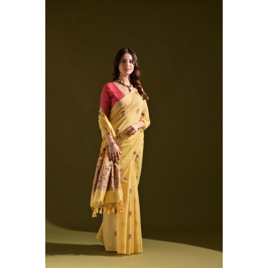 Women's Blended_Cotton Floral Saree With Unstitched Blouse 5.5Mtr (Mustard) - VANSHELLE