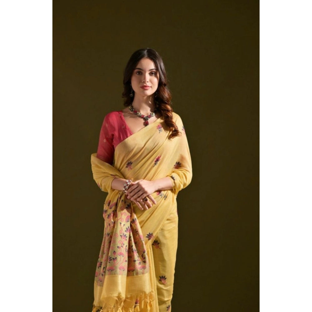 Women's Blended_Cotton Floral Saree With Unstitched Blouse 5.5Mtr (Mustard) - VANSHELLE