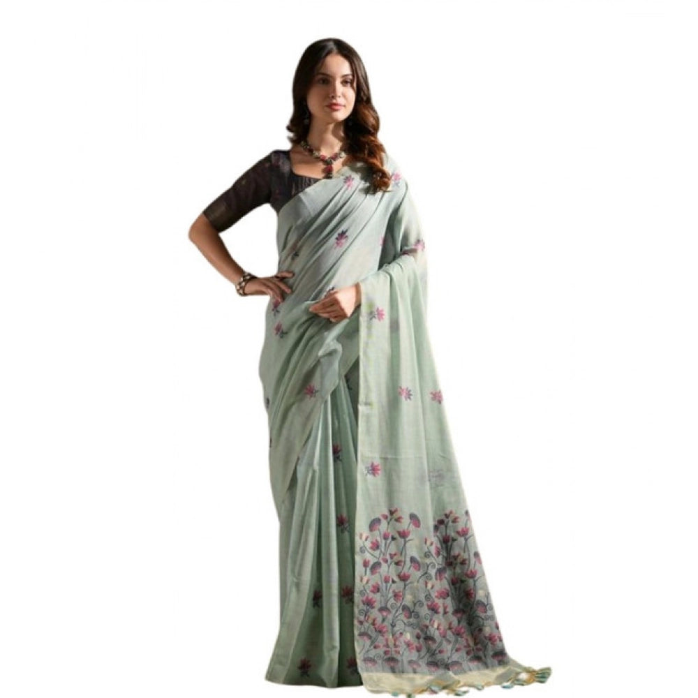 Women's Blended_Cotton Floral Saree With Unstitched Blouse 5.5Mtr (Aqua_Blue) - VANSHELLE