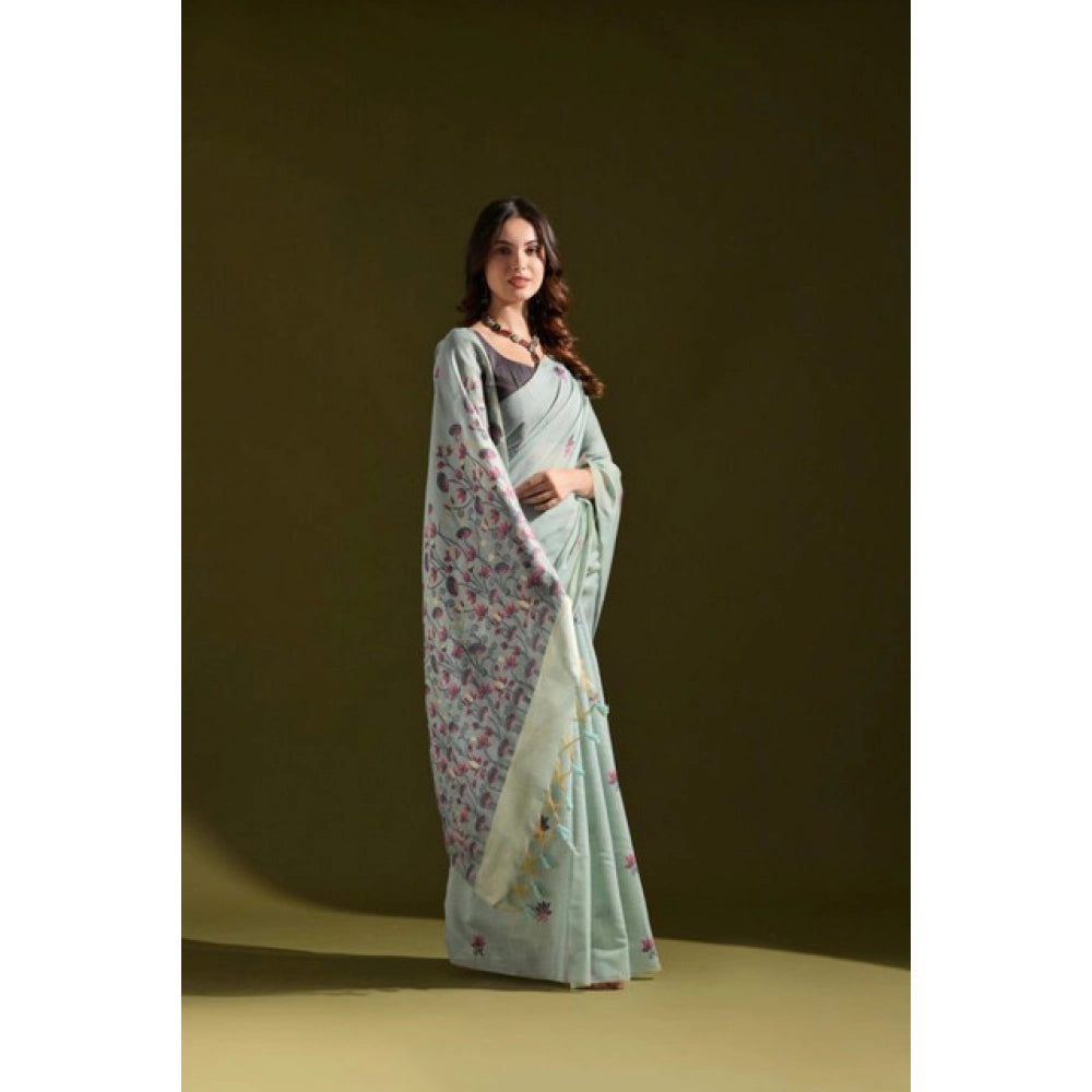 Women's Blended_Cotton Floral Saree With Unstitched Blouse 5.5Mtr (Aqua_Blue) - VANSHELLE