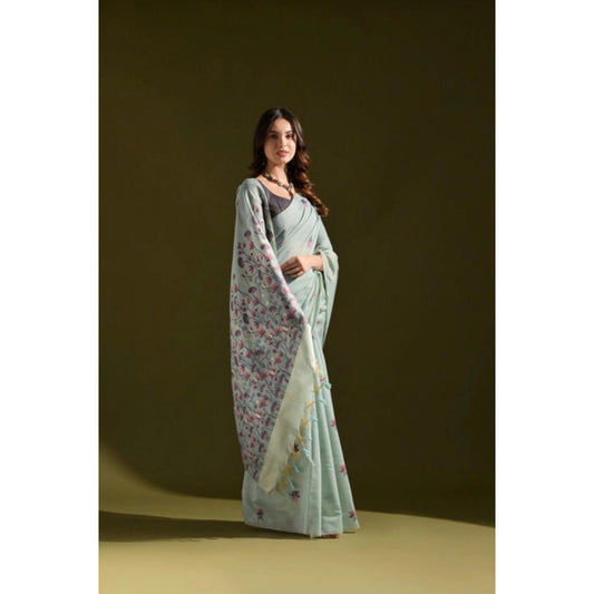 Women's Blended_Cotton Floral Saree With Unstitched Blouse 5.5Mtr (Aqua_Blue) - VANSHELLE