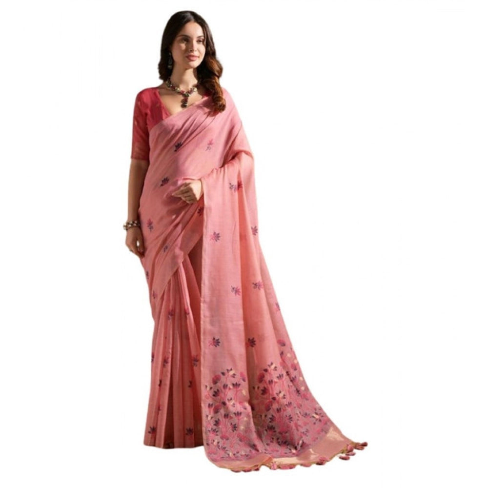 Women's Blended_Cotton Floral Saree With Unstitched Blouse 5.5Mtr (Pink) - VANSHELLE