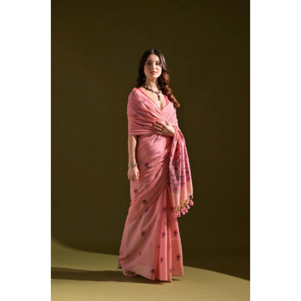 Women's Blended_Cotton Floral Saree With Unstitched Blouse 5.5Mtr (Pink) - VANSHELLE