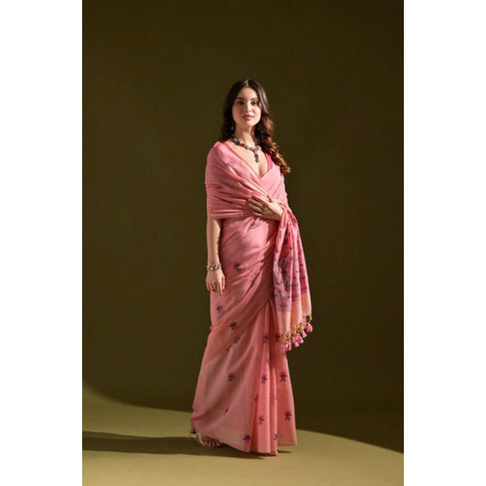 Women's Blended_Cotton Floral Saree With Unstitched Blouse 5.5Mtr (Pink) - VANSHELLE