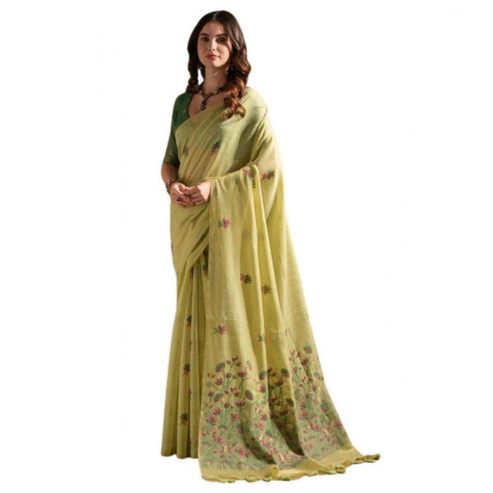 Women's Blended_Cotton Floral Saree With Unstitched Blouse 5.5Mtr (Light_Green) - VANSHELLE