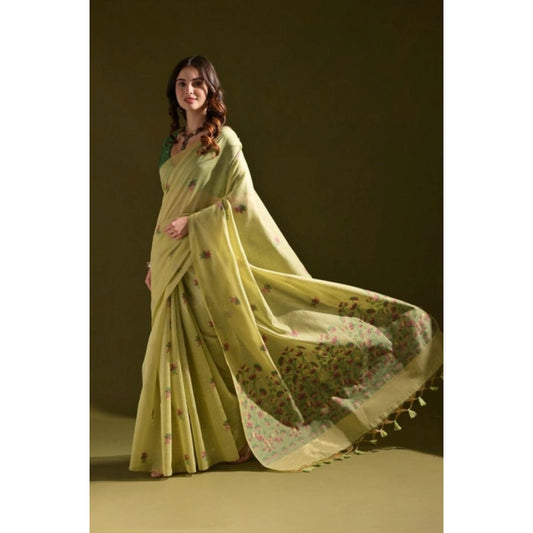 Women's Blended_Cotton Floral Saree With Unstitched Blouse 5.5Mtr (Light_Green) - VANSHELLE