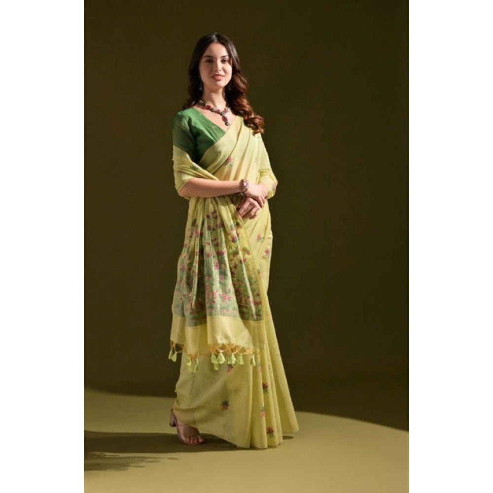 Women's Blended_Cotton Floral Saree With Unstitched Blouse 5.5Mtr (Light_Green) - VANSHELLE