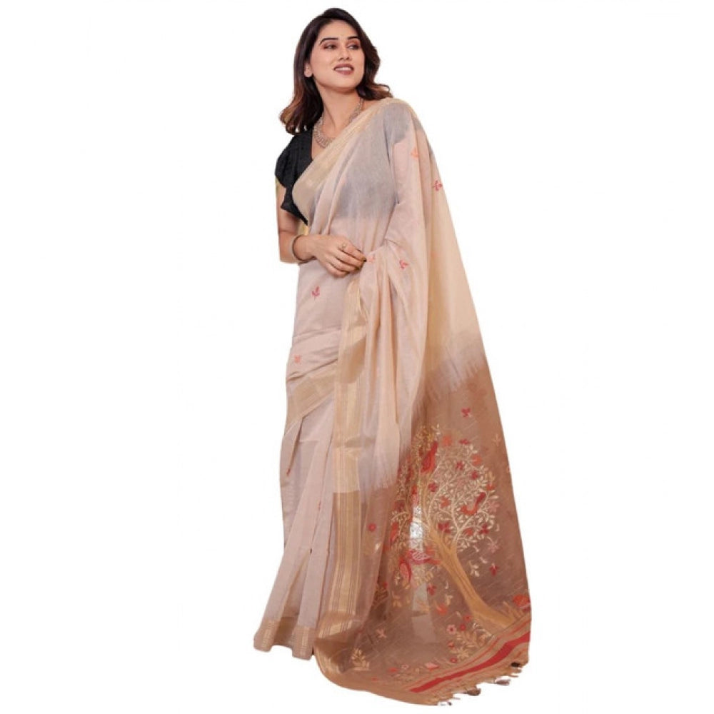 Women's Blended_Cotton Woven_Motifs Saree With Unstitched Blouse 5.5Mtr (Light_Beige) - VANSHELLE