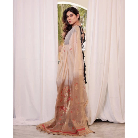 Women's Blended_Cotton Woven_Motifs Saree With Unstitched Blouse 5.5Mtr (Light_Beige) - VANSHELLE