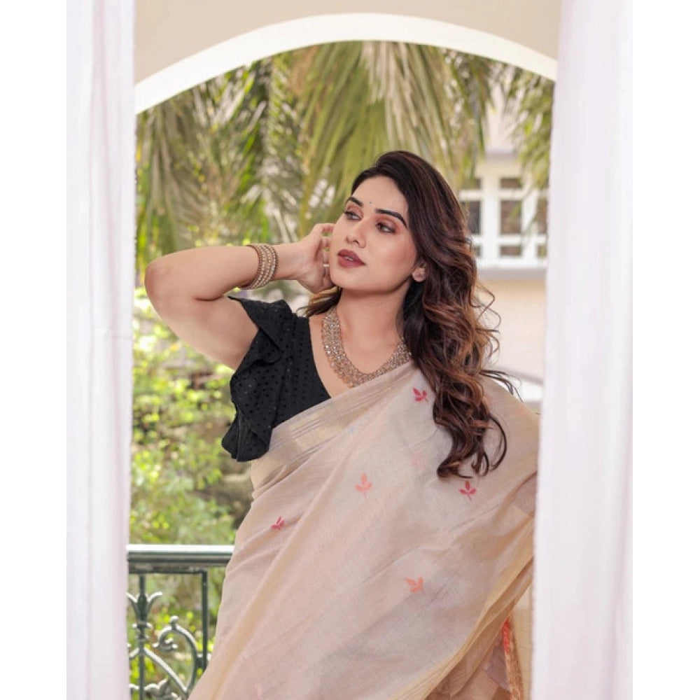 Women's Blended_Cotton Woven_Motifs Saree With Unstitched Blouse 5.5Mtr (Light_Beige) - VANSHELLE