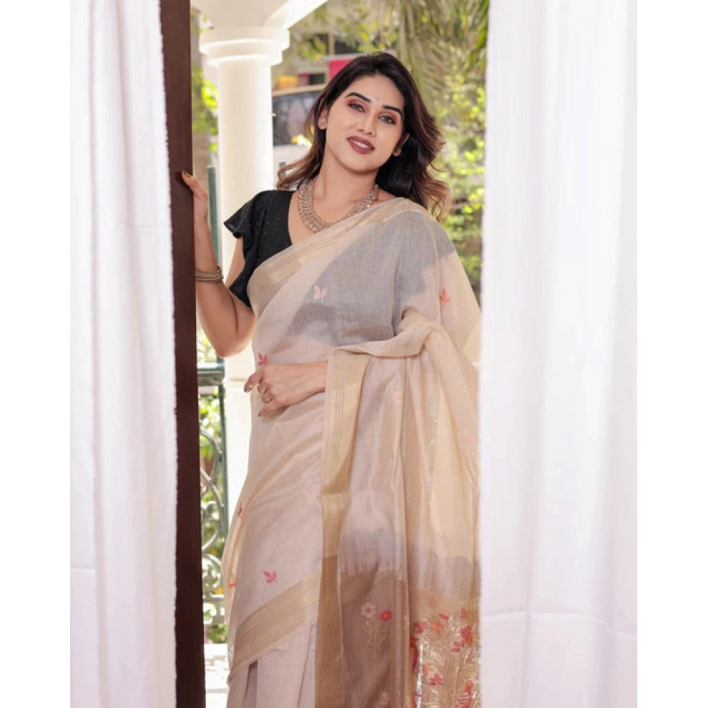 Women's Blended_Cotton Woven_Motifs Saree With Unstitched Blouse 5.5Mtr (Light_Beige) - VANSHELLE