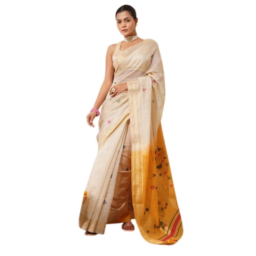 Women's Blended_Cotton Woven_Motifs Saree With Unstitched Blouse 5.5Mtr (Mustard) - VANSHELLE