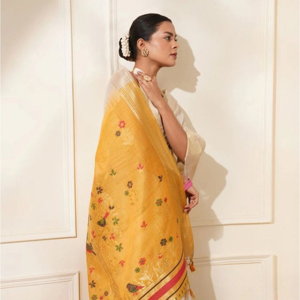 Women's Blended_Cotton Woven_Motifs Saree With Unstitched Blouse 5.5Mtr (Mustard) - VANSHELLE