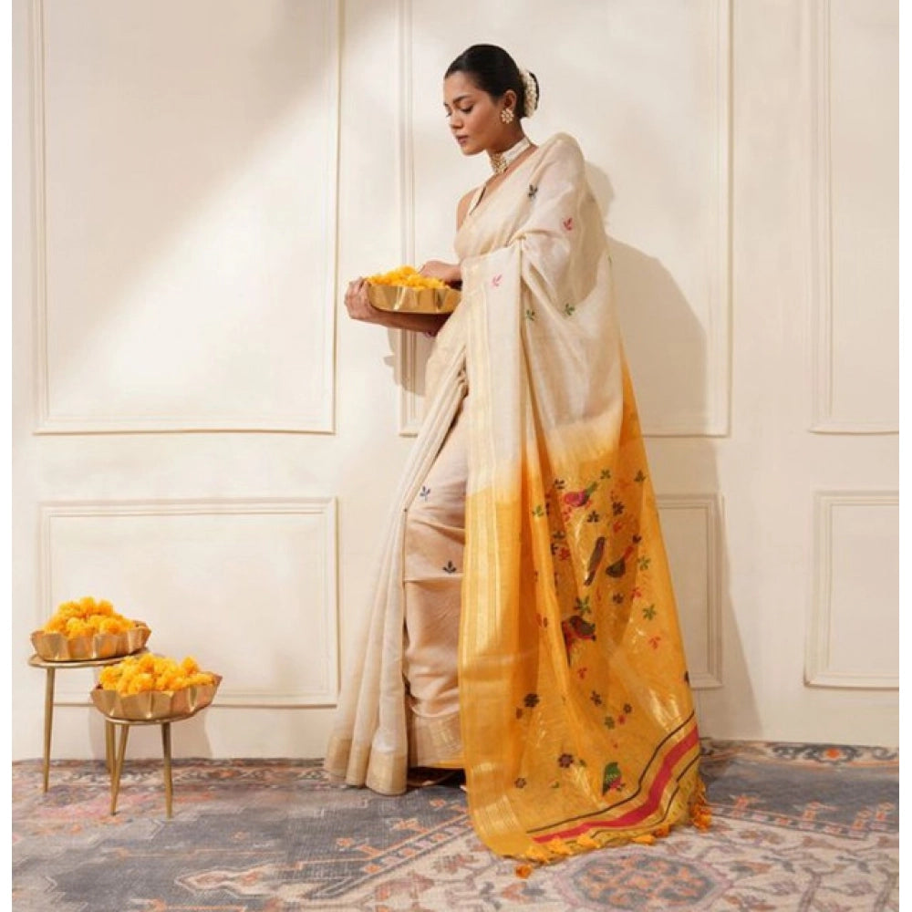 Women's Blended_Cotton Woven_Motifs Saree With Unstitched Blouse 5.5Mtr (Mustard) - VANSHELLE