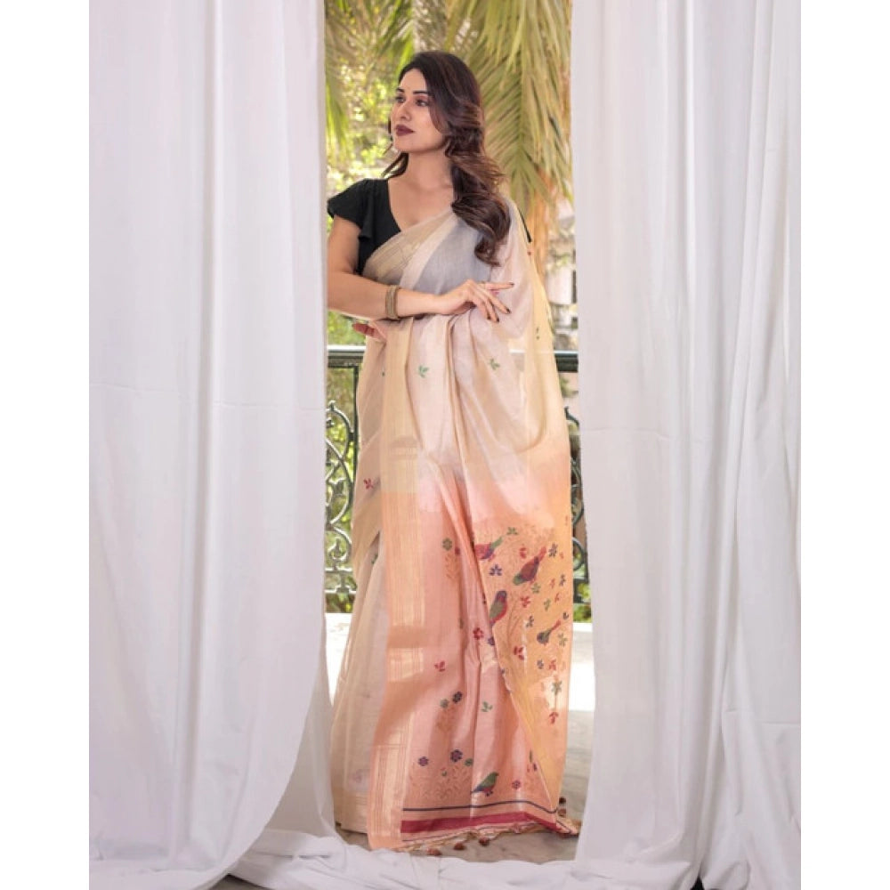 Women's Blended_Cotton Woven_Motifs Saree With Unstitched Blouse 5.5Mtr (Peach) - VANSHELLE