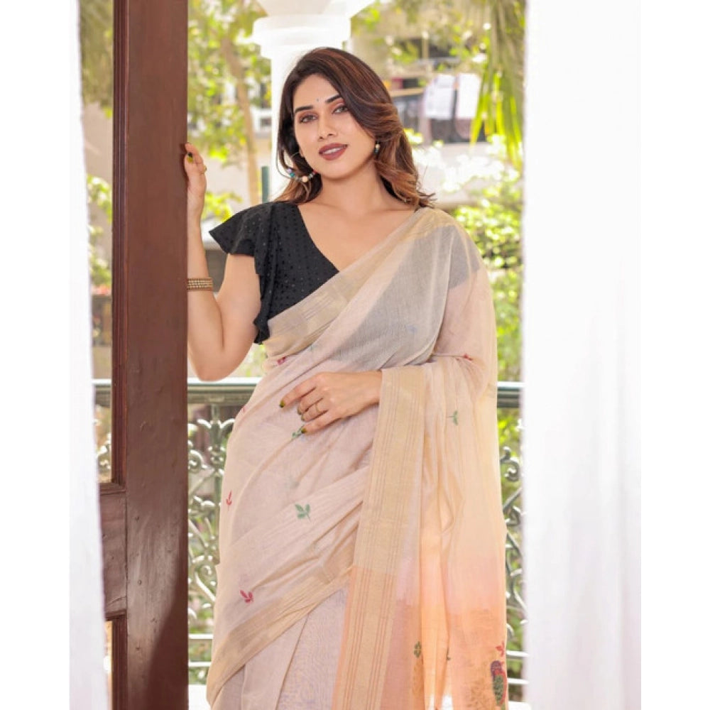 Women's Blended_Cotton Woven_Motifs Saree With Unstitched Blouse 5.5Mtr (Peach) - VANSHELLE