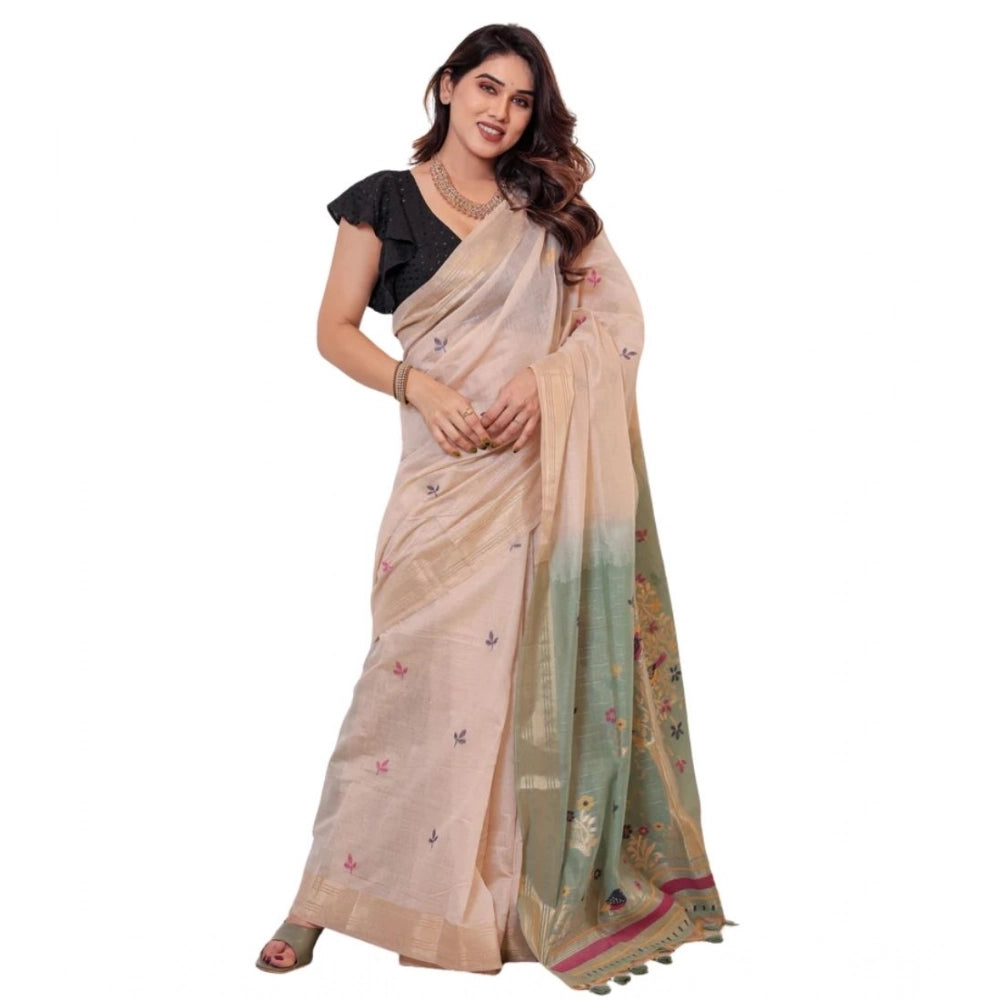 Women's Blended_Cotton Woven_Motifs Saree With Unstitched Blouse 5.5Mtr (Rama_Green) - VANSHELLE