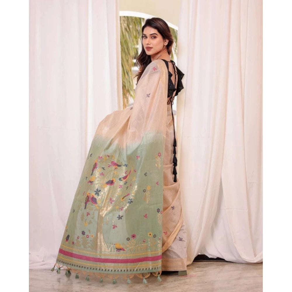Women's Blended_Cotton Woven_Motifs Saree With Unstitched Blouse 5.5Mtr (Rama_Green) - VANSHELLE