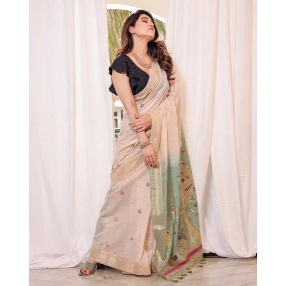 Women's Blended_Cotton Woven_Motifs Saree With Unstitched Blouse 5.5Mtr (Rama_Green) - VANSHELLE
