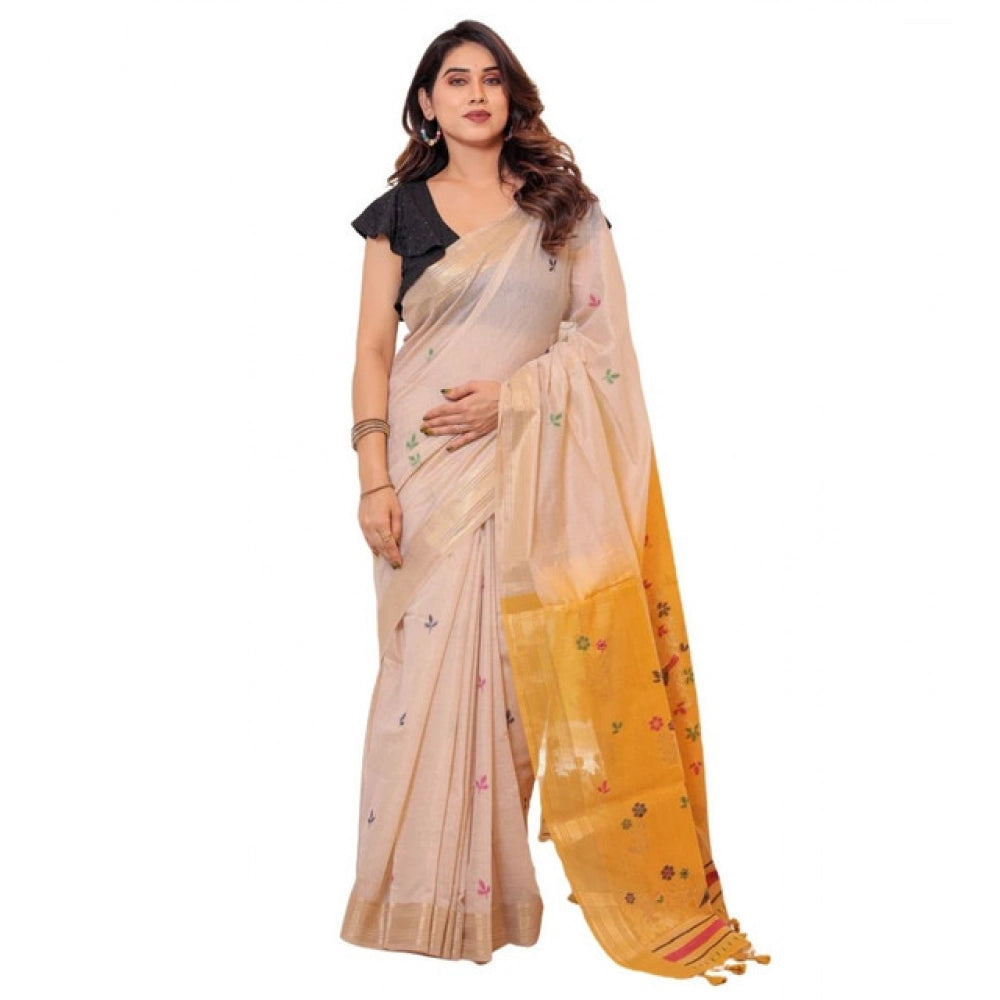Women's Blended_Cotton Woven_Motifs Saree With Unstitched Blouse 5.5Mtr (Yellow) - VANSHELLE